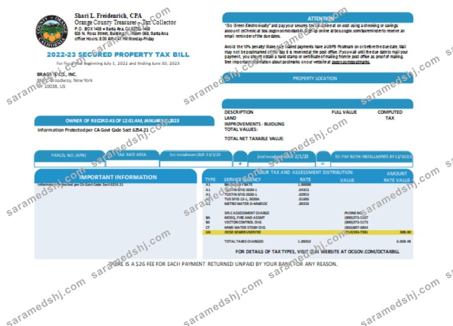 County of Orange California property tax business bill, SCR